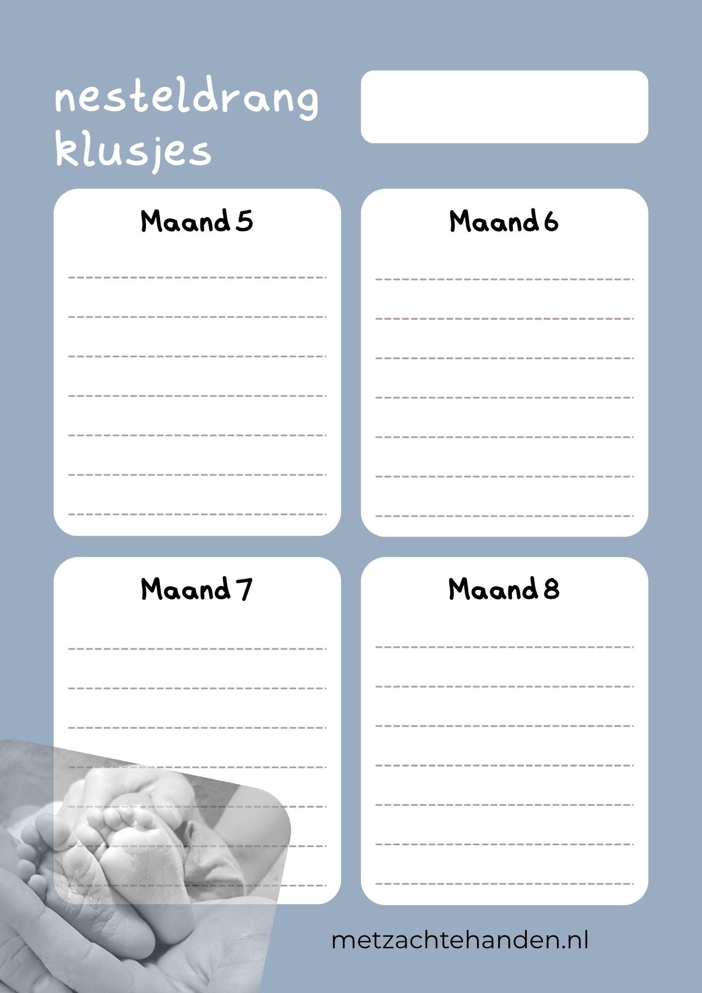 voorbeeld van te downloaden product lijstje voor nesteldrangklusjes in zachte kleuren. 4 kolommen en zwart wit afbeelding van babyvoetjes